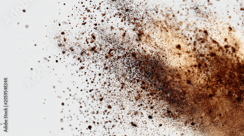 Brown dust explosion on a clean white background, cinematic style, detailed particles. 
