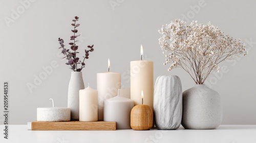 Candles and home decor items isolated on pure white background, minimalist aesthetic