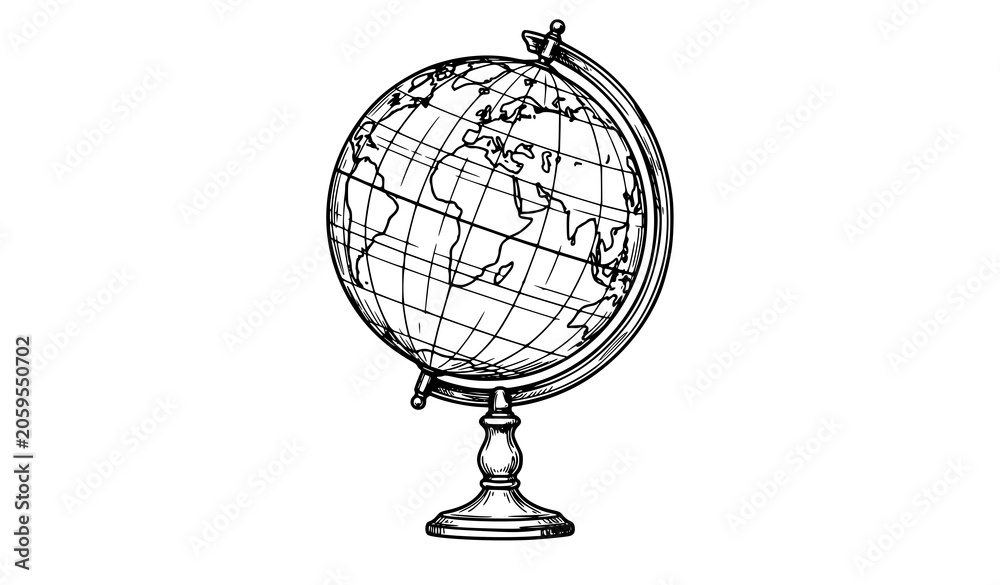 Fototapeta premium Vintage globe vector illustration with hand drawn sketch style world map grid sphere on stand isolated on white background for travel education navigation concept