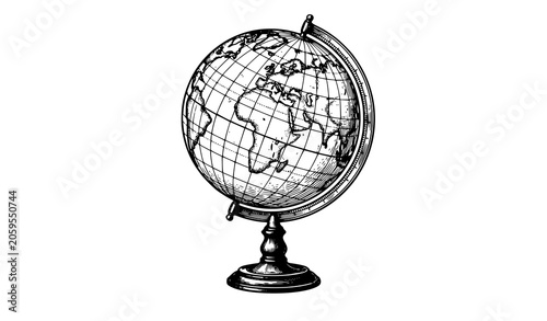 Foto Vintage hand drawn sketch vector illustration of a classic desk globe map showing continents on a decorative metal stand isolated on white background