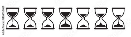Seven isolated black hourglass icons showing varied levels of falling sand against clear background.