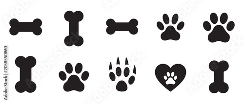 Assorted dog and animal icons featuring paw prints and bone shapes set against a transparent background.