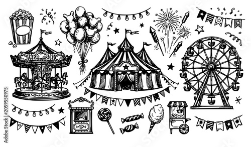 Canvastavla Vintage hand drawn carnival elements set including circus tent ferris wheel carousel balloons fireworks popcorn candy cart and bunting flag decorations