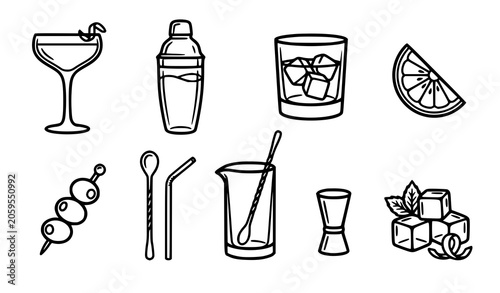 Fotografie Minimalist black and white cocktail line icons set featuring a shaker glass cup mixer jigger garnish olive skewer ice cubes and bar spoon elements
