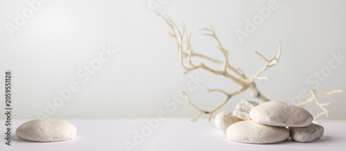 Photography Single white pebble beside stacked stones and dry branch with wide copy space fo