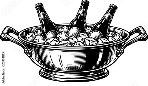Photos Vintage hand drawn sketch vector illustration of three glass beer bottles chilling inside a classic metal ice bucket bowl with handles