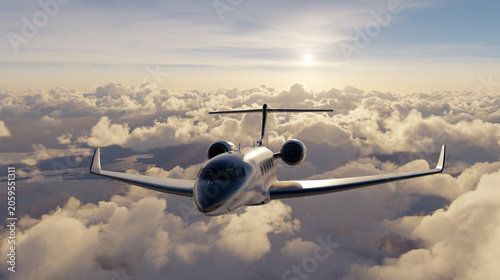 Private Jet Business Travel Over Clouds at Sunrise Sunset — Luxury Executive Aircraft 3D Rendering