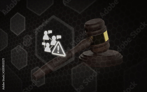 A gavel with a warning icon and connected people symbolizes legal regulations, corporate compliance, and communication risks. This digital 3D concept illustrates law and policy enforcement.
