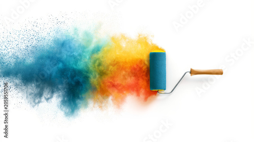 Paint Roller Moving Through Colored Powder Cloud on White Background