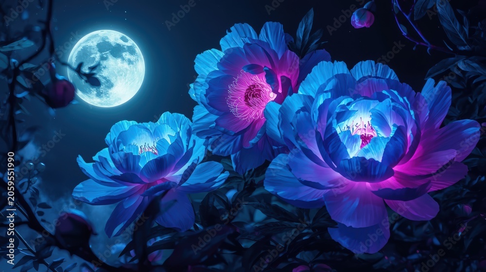Obraz premium Beautiful blue roses blooming at night under a glowing full moon in the dark garden