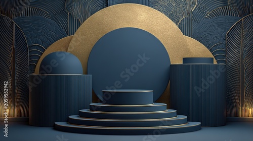 Stacked podiums in navy blue and gold, set against an elegant art deco-inspired background.