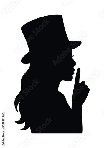 Billede på lærred Silhouette Woman Top Hat Shushing Gesture, Secretive Female Profile, Mystery Ico