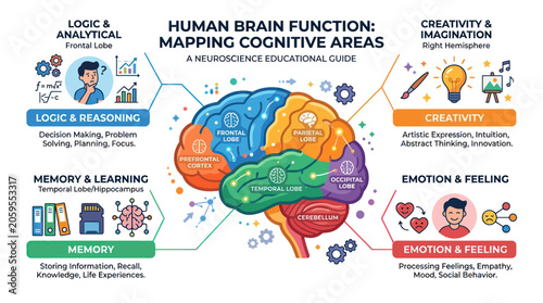 Bild auf Leinwand Educational infographic of human brain functions and cognitive lobes