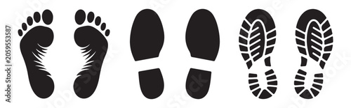 Human footprints and shoe sole silhouettes collection including barefoot and boot tread mark textures.