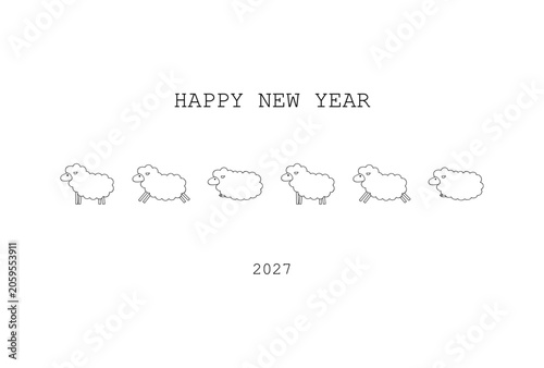 シンプルな線画、複数の羊のイラストの年賀状テンプレート