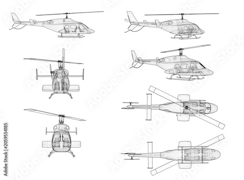 Helicopter Blueprint Wireframe Set