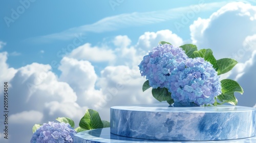 Serene blue hydrangeas gracefully placed on a blue marble pedestal against a backdrop of a bright blue sky and fluffy white clouds.