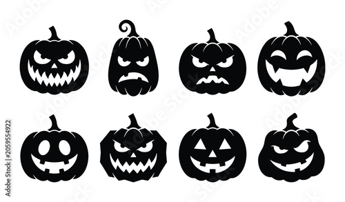 Bild auf Leinwand Halloween Pumpkin Icons, Spooky Jack-o'-lantern Silhouettes, Scary Faces Vector