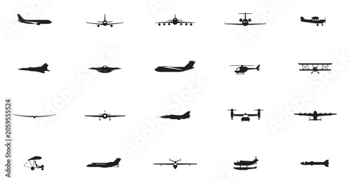 Tableau sur toile Aviation silhouette icons set including passenger jets cargo planes and military aircraft