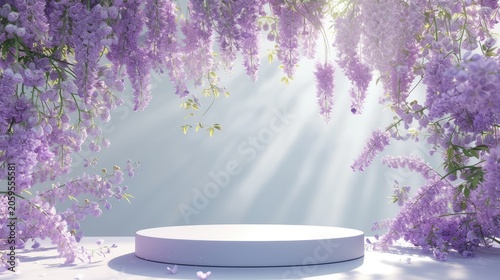 Cylindrical display platform sits beneath a floral arch of wisteria. elegant and serene product showcase.