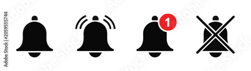 Canvastavla Set of notification bell vector icons for user interface design in black color with different modes