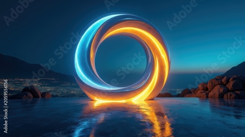 Glowing abstract circular ring with blue and orange light trails reflecting on the dark water surface