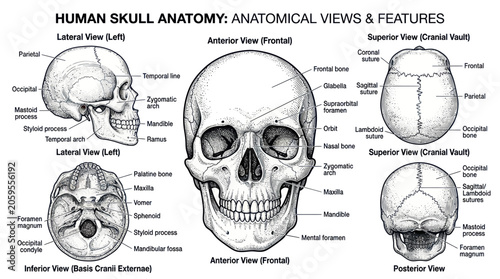 Photos Human skull anatomy diagrams showing various medical perspectives
