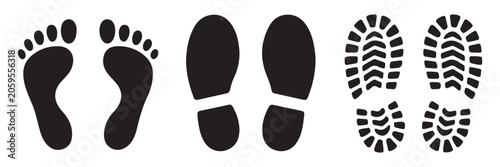 Set of bare footprints shoe imprints and boot soles vector icons on transparent background.