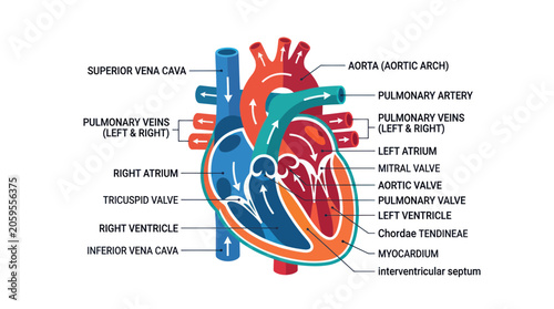 Tableau sur toile Anatomy of a human heart with detailed labels and blood flow arrows