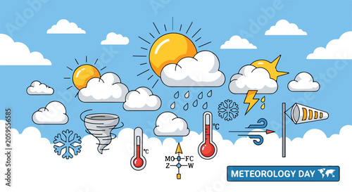 Colorful meteorology-themed infographic with various weather icons