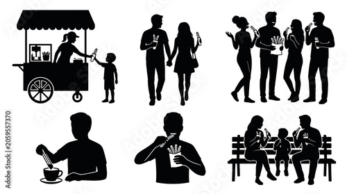 Black and white silhouette vector set of people enjoying sweet churro pastry, featuring food cart vendor, couples, family on park bench, and individuals eating street food snacks.
