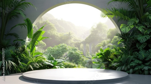 Circular display platform sits amidst lush tropical plants, showcasing a misty jungle scene through an arched window.