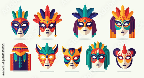 Quadro su tela A vibrant collection of nine uniquely designed colorful masks