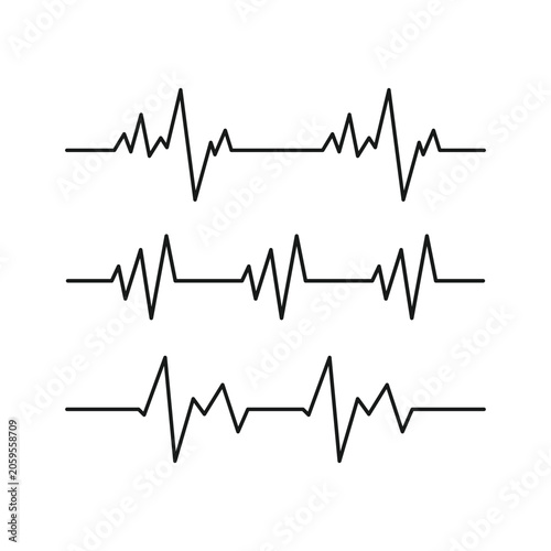 Heart beats, ECG line vector set, Heartbeat pulse wave icons, Medical monitor signals, Cardiology lllustration.