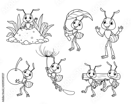 Cute Ant Characters Line Art Set for Kids Coloring Page