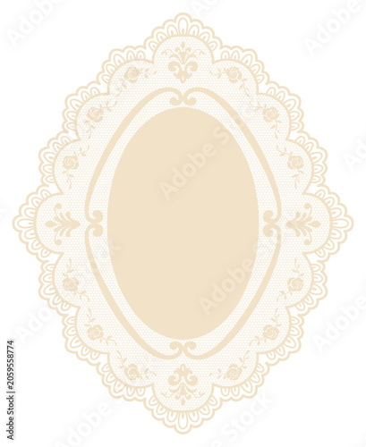 Vintage ornate lace oval frame illustration, crochet doily border. Elegant floral label with delicate filigree details for wedding invitations, branding and stationery. Vintage embroidery handkerchief