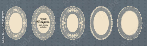 Vintage floral oval lace frame collection. Whimsy cottagecore embroidery handkerchief with floral ornaments. Squiggle shapes crochet labels and decorative borders for wedding scrapbook stationery.