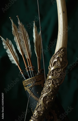 Ornate recurve bow with quiver full of feathered arrows. Leather quiver has gold accents. Medieval hunting weapon is ready for action. Archery equipment in studio.