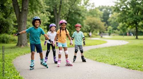 Diverse group of children roller skating in a park. Happy kids wearing safety helmets and pads skating on a paved path