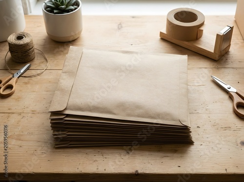 Stack of Recycled Paper Padded Mailer Envelopes on a Rustic Wooden Desk