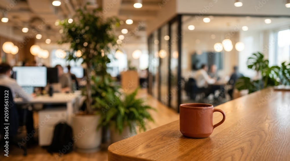 Fototapeta premium Terracotta ceramic coffee mug on wooden desk in blurred modern office background with coworkers and plants for corporate workplace lifestyle