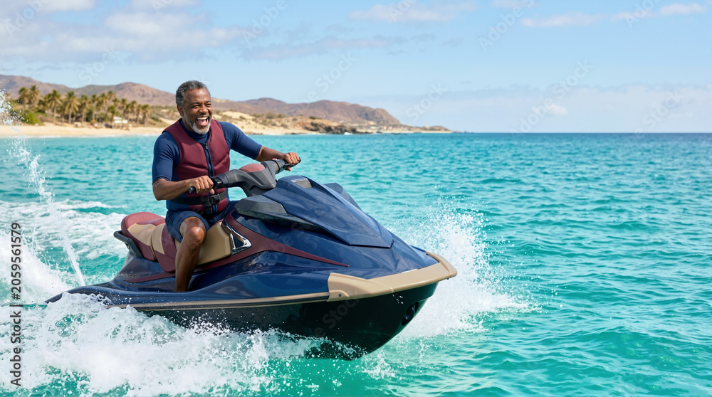 Obraz premium Joyful senior Black man riding jet ski on turquoise ocean water. Happy older male enjoying summer vacation water sports. Active lifestyle and travel concept