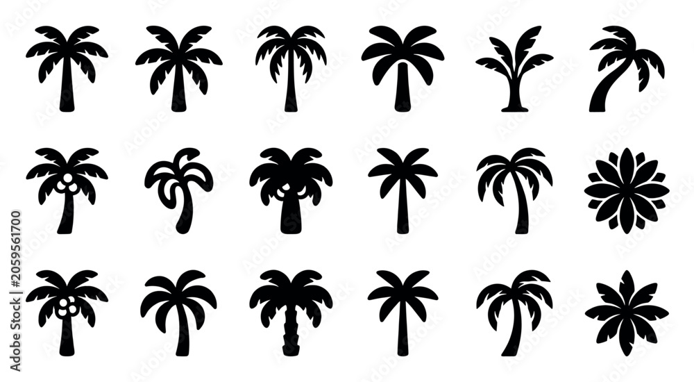 Obraz premium Diverse black silhouette palm tree icons are arranged in a grid pattern on a clean white background, showcasing various tropical plant shapes