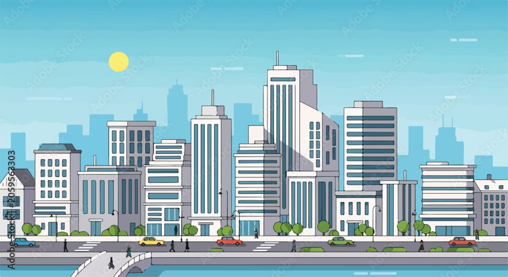 Obraz premium A serene cityscape with modern buildings and a calm waterfront