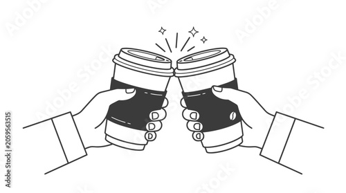Friends clinking takeaway coffee cups together for a toast