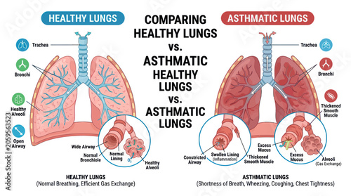 Foto Healthy versus asthmatic lung anatomy comparison diagram