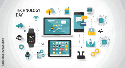 Foto A technology-themed graphic celebrating Technology Day with various devices