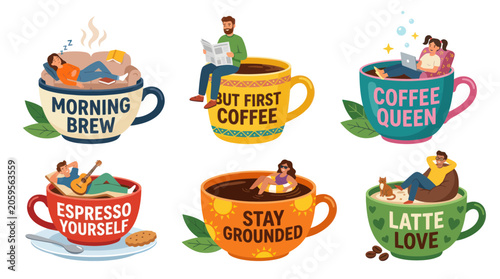 Photos Tiny people enjoying leisure activities inside large coffee mugs