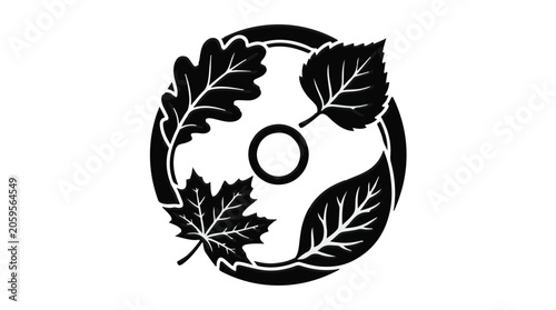 Circular emblem with diverse autumn leaves representing seasons and nature.