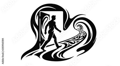 Silhouette of a person stepping through an open door into a stylized, flowing path symbolizing new beginnings and opportunities.